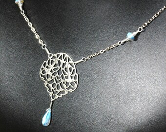 Labradorite Filigree Necklace   ---    Antique Silver Filigree Shield Necklace With A Faceted Labradorite Teardrop