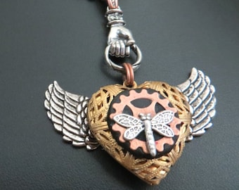 My Heart Has Wings - Winged Heart Locket Necklace - Steampunk Necklace - Filigree Necklace - Perfume Scent Locket - Flying Heart Necklace