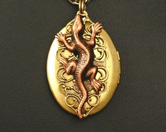 Lizard Locket   ---  Double Sided Steampunk Lizard And Filigree Locket Necklace