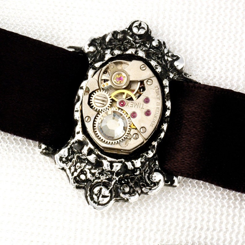 Steampunk Neo Victorian Choker Adjustable Vintage, Repurposed Watch Movement Choker Necklace In Antiqued Silver With A Swarovski Crystal image 5