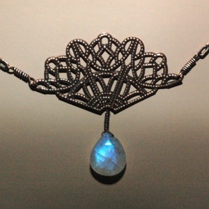 Filigree Moonstone   ---   Rainbow Moonstone Necklace With Antiqued Copper Filigree Fan