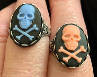 Skull and Crossbones OR Lady Decay Ring - Day Of The Dead, Zombie Goddess, Adjustable Skeleton Cameo Ring In Antiqued Silver