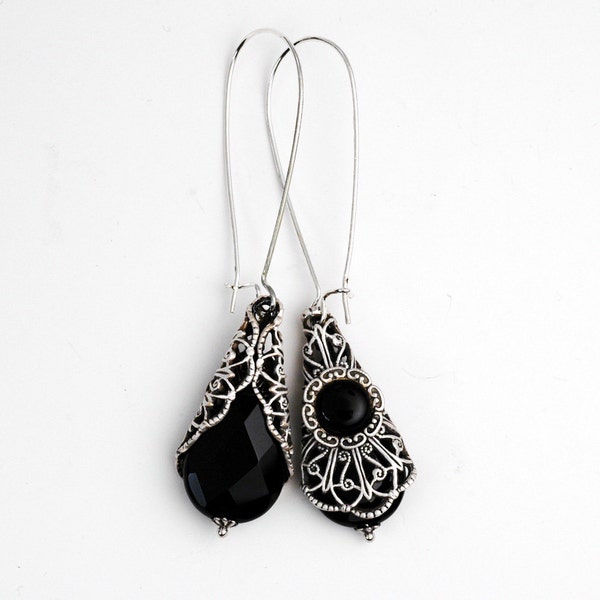 Black Onyx Filigree Earrings - Faceted Black Onyx Teardrop Dangle Earrings - Wrapped In Antique Silver Filigree - On Oversized Kidney Wires