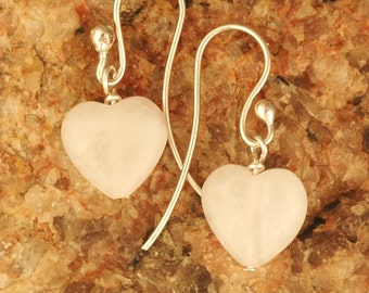 Rose Hearts   ---    Pale Rose Quartz Heart Earrings on Sterling Silver Ball End Ear Wires