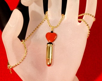 Bullet For My Valentine   ---   Bullet Necklace with Black Crystals And A Red Jasper Heart