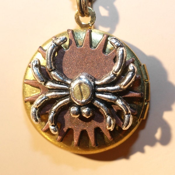 Spider Locket --- Spider With Gear Locket - Double Sided Steampunk Locket Necklace