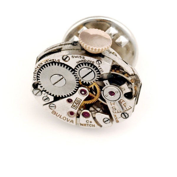 Tie Time - Steampunk Tie Tack - Doubles As A Lapel Pin - UNISEX - Petite, Vintage, Oval, Repurposed, Bulova Watch Movement - Tie Pin