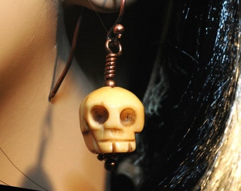 Bone Skulls - Unisex Large Carved Bone Skull Earrings On Antiqued Copper Ball-Ended Ear Wires - Skull Earrings - Dangle Earrings