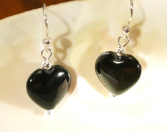 Black Hearts   ---   Black Onyx Hearts and Sterling Silver Earrings