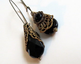 Black Onyx Filigree Earrings - Faceted Black Onyx Earrings - Teardrop Dangle  Antique Brass Filigree Cone Earrings On Oversized Kidney Wires