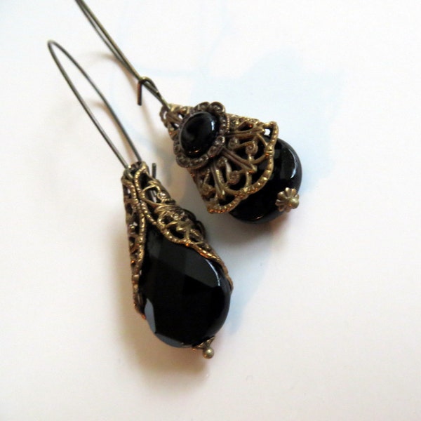 Black Onyx Filigree Earrings - Faceted Black Onyx Earrings - Teardrop Dangle  Antique Brass Filigree Cone Earrings On Oversized Kidney Wires