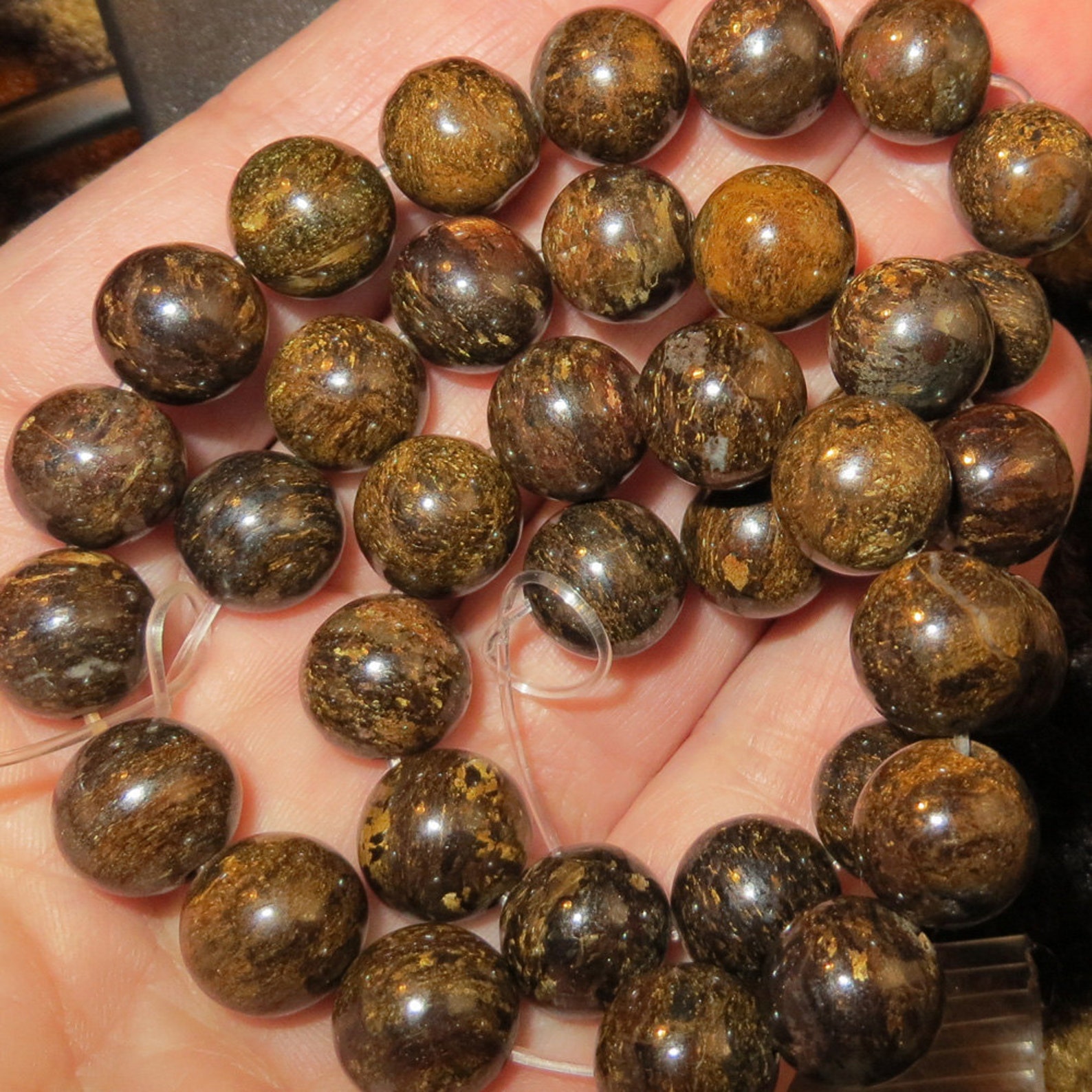 Bronzite Brown Stone Necklace With Gold Metallic Flecks on A Etsy