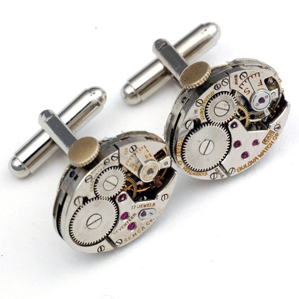 Oval Steampunk Cuff Links - Missing Link - Vintage, Oval, Silver Tone, Repurposed, Upcycled, Watch Movement Cufflinks – Watch Cufflinks