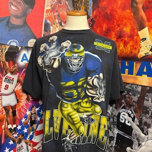 Vintage 90s Michigan Wolverines NCAA Football Sunrise Sportswear AOP Tee Sz XL