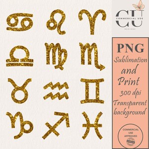 Astrology Zodiac 12 Horoscope Signs Bundle Gold Glitter PNG Sublimation Cut File Clip Art Celestial JPG Clipart Constellation Designs