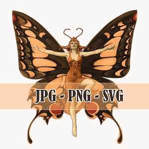 Vintage 1920s Lady SVG Authentic PNG Sublimation Flapper & Butterfly Retro Clipart Art Deco Scrapbooking Stickers Card Ephemera Artwork
