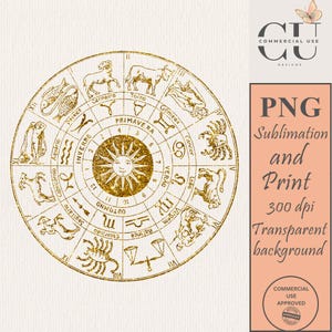Vintage Astrologie Karte Zodiac Horoskop PNG Gold Glitter Sublimation Design Wicca Vektor Clip Art Celestial Clipart Constellation Wheel