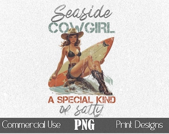 Retro Seaside Cowgirl PNG T-Shirt Graphic POD Print Sublimation Vintage Pulp Art Illustration Woman and Surfboard Beach Summer Girly Tee