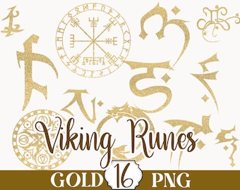 Gold Glitter Viking Runes Set of 16 Bundle Print Design PNG Vector Clip Art Sublimation Norse Artwork