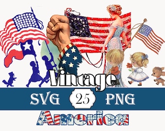 Vintage Americana SVG PNG Bundle 25 Clipart Junk Journal Scrapbook Decoupage Card Making Ephemera POD Sublimation Print Design 4th of July