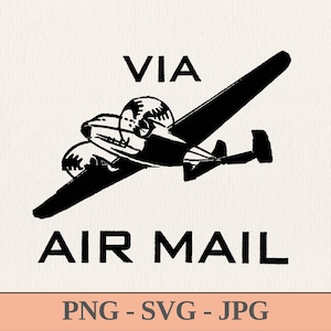以下が含まれることがあります： ヴィンテージの双発機の白黒イラスト。飛行機の上と下に「VIA」と「AIR MAIL」の文字。画像はクリーム色の背景です。