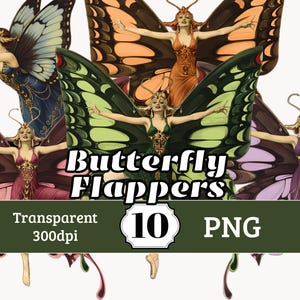 Può includere: Una collezione digitale di dieci illustrazioni raffiguranti figure con grandi ali di farfalla in vari colori, tra cui arancione, verde, rosa e viola. Il testo recita Butterfly Flappers, 10 PNG e Transparent 300dpi su un banner verde scuro.