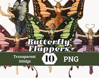 Vintage 1920s Butterfly Flappers Bundle of 10 PNG Sublimation Print Design Clipart Junk Journal Scrapbook Decoupage Card Making Ephemera