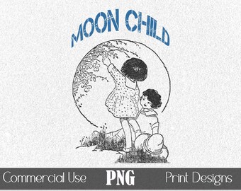 Moonchild PNG T-Shirt Graphic Vintage Line Art POD Print Sublimation Retro Scrapbooking Sticker Craft Hat Tumbler Doodle Kids Illustration
