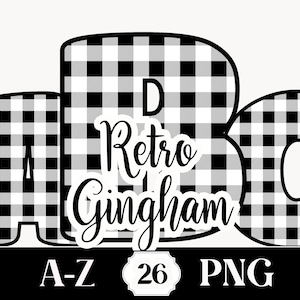 Retro Gingham 1950s Letters PNG Alphabet A-Z  Sublimation Print Clipart Shirts Tumbler Invitations Cards Checked Font Baby Shower Crafts