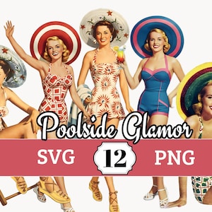 May include: A digital graphic set featuring five illustrations of individuals in vintage swimwear and sun hats, with the text Poolside Glamor, 12, SVG, and PNG displayed over a red horizontal banner. The figures wear patterned swimsuits.