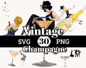 Vintage Champagne PNG SVG Retro Clipart Sublimation Print Design POD Bundle of 30 for Scrapbooking Stickers Cards Vinyl Crafts T-shirts Mugs