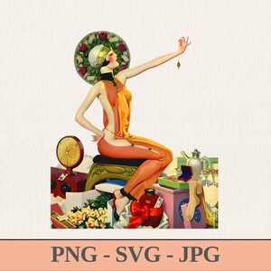 May include: A retro-style illustration of a woman in an orange and yellow outfit, seated on a stool, holding a piece of jewellery. The image features a floral halo and various boxes and items around her, with a vintage aesthetic.