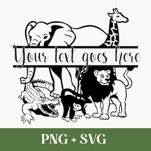 May include: Black and white illustration of jungle animals, including an elephant, giraffe, crocodile, monkey, and lion. The text "Your text goes here" is displayed across the center. The bottom of the image includes the text "PNG + SVG".