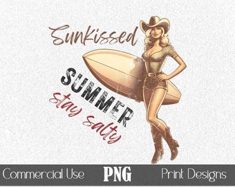 Retro PNG T-Shirt Graphic Sunkissed Summer POD Print Sublimation Beach Girl Surfing Vintage Distressed Textured Tee Scrapbooking Stickers