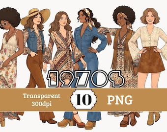 Retro 1970s Women Bundle of 10 PNG Clipart Junk Journal Scrapbook Card Making Decoupage Ephemera POD Print Design Fashion Ladies Crafts