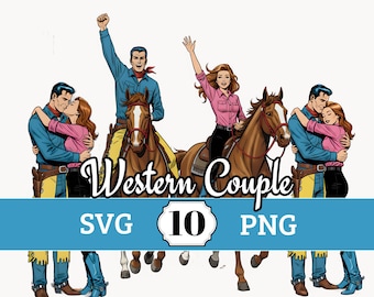Couple Cowgirl Cowboy Illustration Bundle PNG 10 Clipart Sublimation Retro Print Design Romantic Western Scrapbook Sticker Card Vinyl Craft