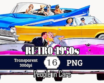 American Retro Cars Bundle Vintage 1950s 16 Clip Art PNG Vehicles Sublimation Print Design Clipart Set Transparent Background Commercial use