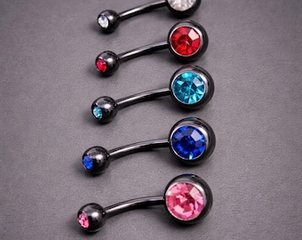 Black Surgical Steel Belly Bar with Crystal Balls | Navel Piercing Jewellery (14G)