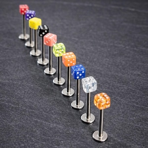 10x Surgical Steel Labret Bars with Acrylic Dice Tops – 16G Lip Tragus Cartilage