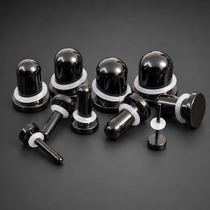 May include: A collection of black metal ear plugs and tunnels in various sizes, each featuring a smooth, polished finish and a clear silicone O-ring. The set includes several cylindrical pieces with rounded ends and flat-backed circular designs.