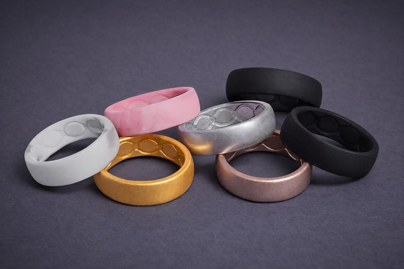 Ladies Internal Groove Silicone Wedding Band Rings - Flexible Rubber Gym & Work Safe Ring All 7 Rings