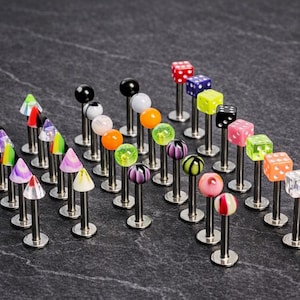 Pack of 10 Surgical Steel Labret Bars - Acrylic Ball, Spike or Dice Top