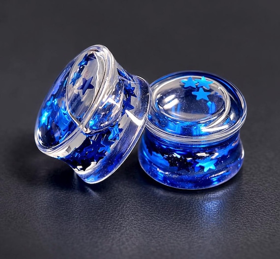 Blue Star Liquid Ear Plugs – Acrylic Gauge Plugs – Star Glitter Liquid Plugs – Stretched Ear Jewellery – Fun Body Jewelry Gauges Pair