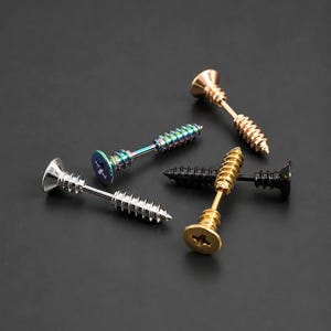 May include: A collection of five screw-shaped earrings in various metallic finishes, including silver, gold, black, rose gold, and an iridescent rainbow hue. Each earring features a flat, slotted screw head and a threaded post design.