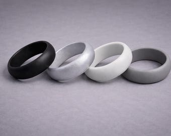 Mens Unisex Silicone Rings – Gym Work - Flexible Rubber Black Silver Wedding Ring Band