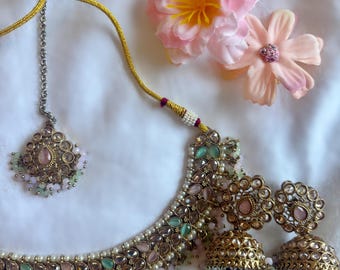 Blush Pink Mint Green Kundan Choker Set with Jhumka Earrings & Maang Tikka | Indian Jewellery Set | Necklace Set