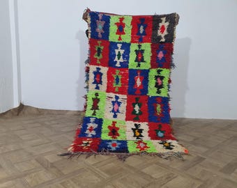 Tapis marocain boucharouite, petite tapis coloré vintage (2.7x5 FT )
