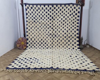 Handmade Beni Ourain Rug: White Wool Berber Carpet, Blue Abstract Design