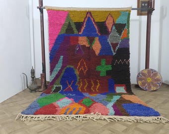 Handwoven Beni Ourain Rug: Blue Caramel Wool, Geometric Design