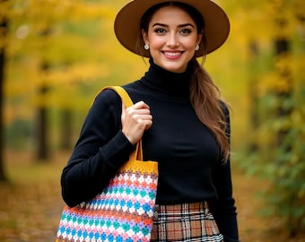 Handmade Crochet Tote Bag: Colorful Textured Cotton Shoulder Bag